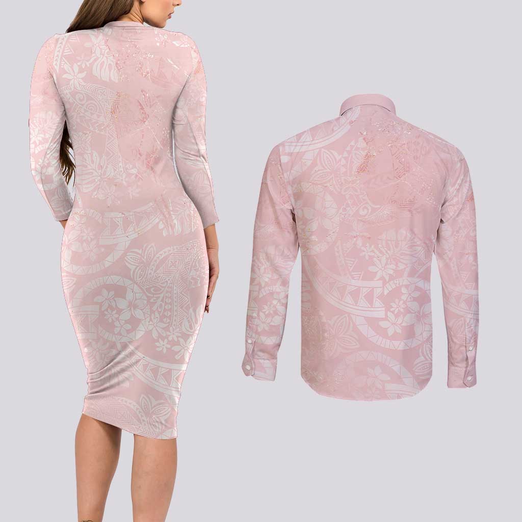 Polynesian Tiare Monstera Soft Pink Couples Matching Long Sleeve Bodycon Dress and Long Sleeve Button Shirt Liquid Style LT01 - Polynesian Pride