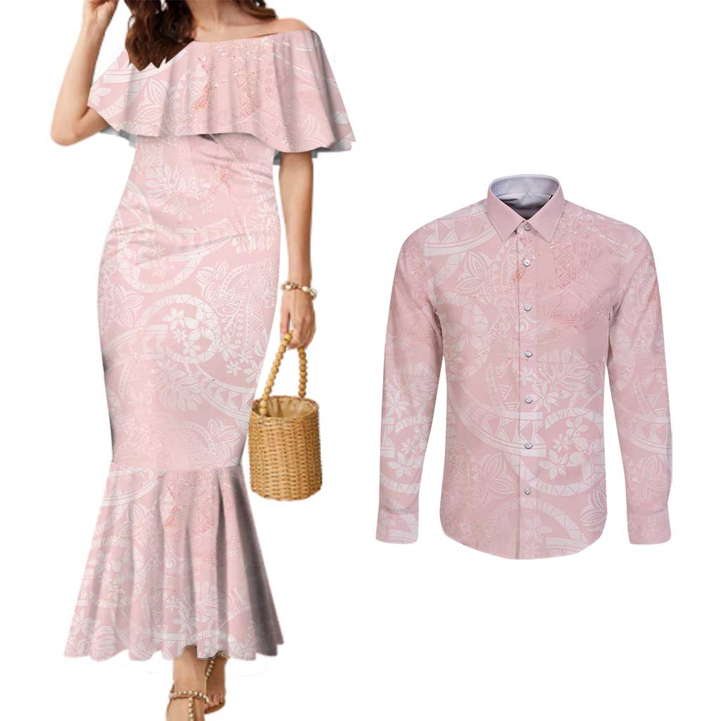 Polynesian Tiare Monstera Soft Pink Couples Matching Mermaid Dress and Long Sleeve Button Shirt Liquid Style LT01 Pink - Polynesian Pride