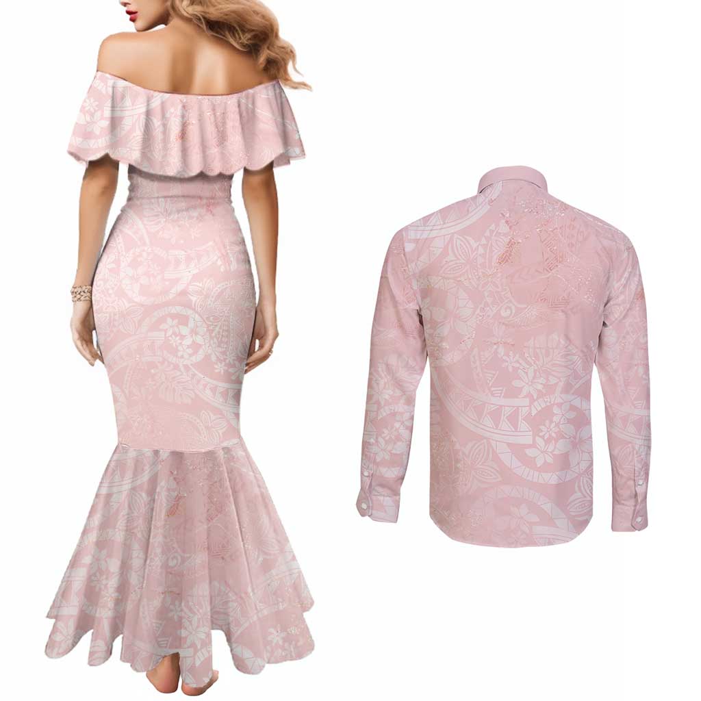 Polynesian Tiare Monstera Soft Pink Couples Matching Mermaid Dress and Long Sleeve Button Shirt Liquid Style LT01 - Polynesian Pride