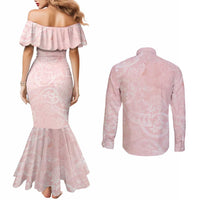 Polynesian Tiare Monstera Soft Pink Couples Matching Mermaid Dress and Long Sleeve Button Shirt Liquid Style LT01 - Polynesian Pride