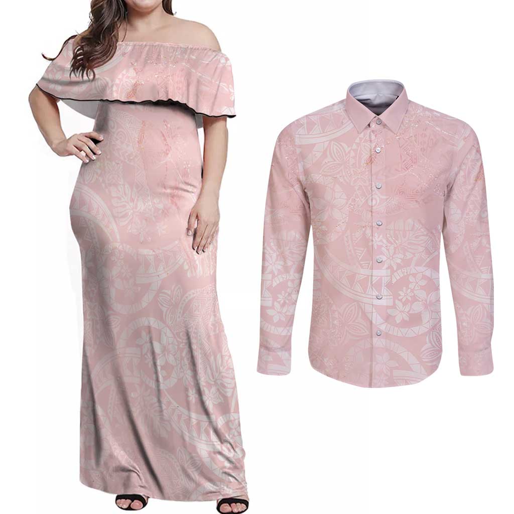 Polynesian Tiare Monstera Soft Pink Couples Matching Off Shoulder Maxi Dress and Long Sleeve Button Shirt Liquid Style LT01 Pink - Polynesian Pride