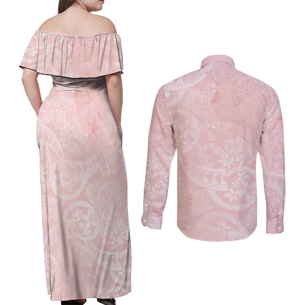 Polynesian Tiare Monstera Soft Pink Couples Matching Off Shoulder Maxi Dress and Long Sleeve Button Shirt Liquid Style LT01 - Polynesian Pride