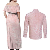 Polynesian Tiare Monstera Soft Pink Couples Matching Off Shoulder Maxi Dress and Long Sleeve Button Shirt Liquid Style LT01 - Polynesian Pride