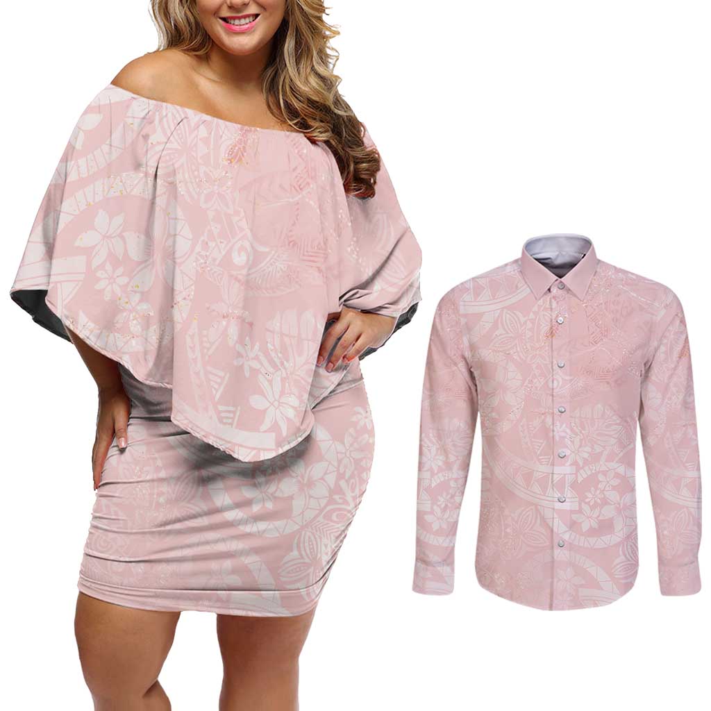Polynesian Tiare Monstera Soft Pink Couples Matching Off Shoulder Short Dress and Long Sleeve Button Shirt Liquid Style LT01 Pink - Polynesian Pride