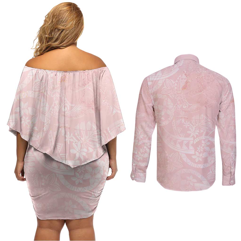 Polynesian Tiare Monstera Soft Pink Couples Matching Off Shoulder Short Dress and Long Sleeve Button Shirt Liquid Style LT01 - Polynesian Pride