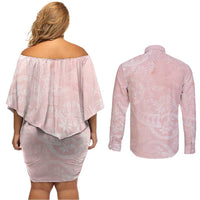 Polynesian Tiare Monstera Soft Pink Couples Matching Off Shoulder Short Dress and Long Sleeve Button Shirt Liquid Style LT01 - Polynesian Pride