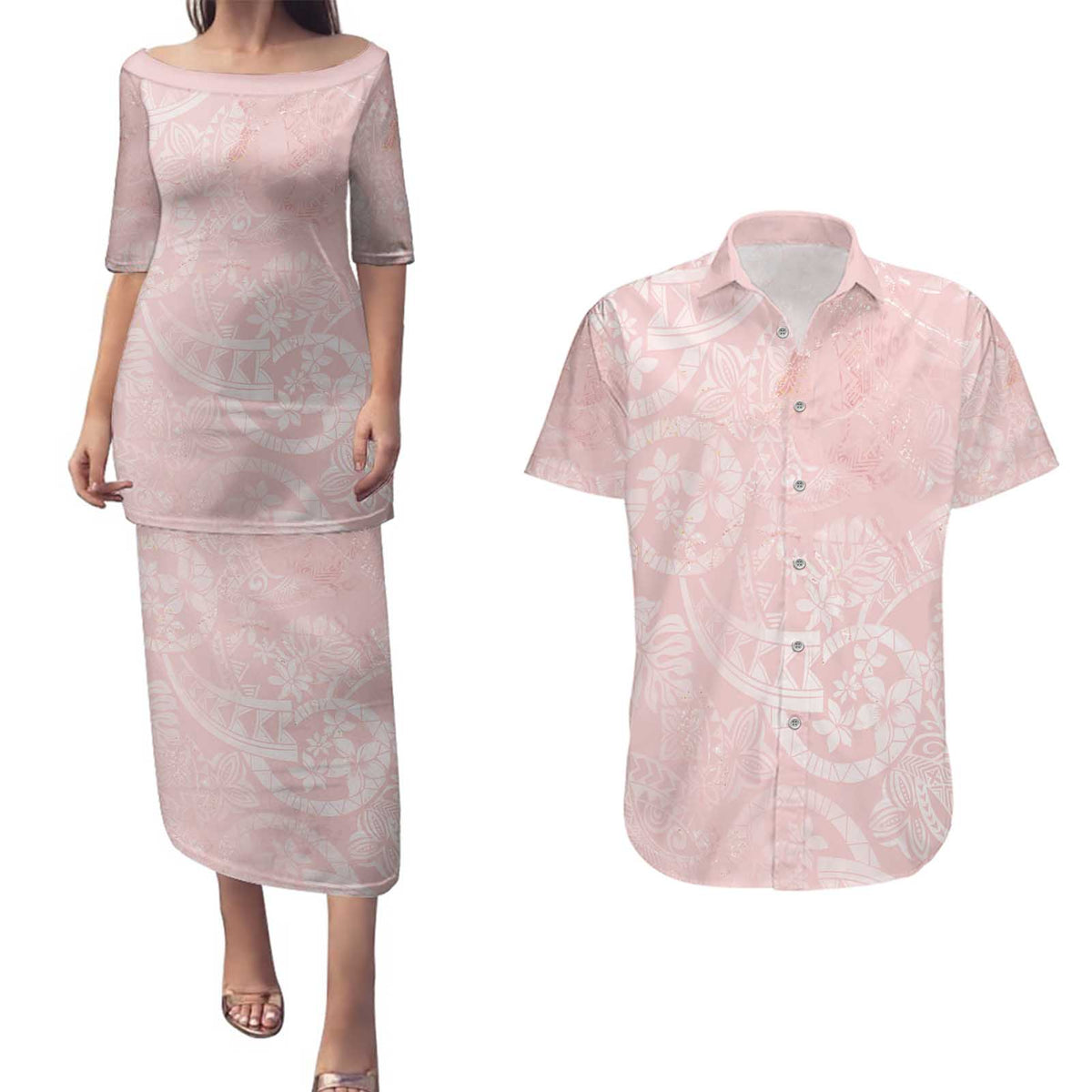 Polynesian Tiare Monstera Soft Pink Couples Matching Puletasi and Hawaiian Shirt Liquid Style LT01 Pink - Polynesian Pride