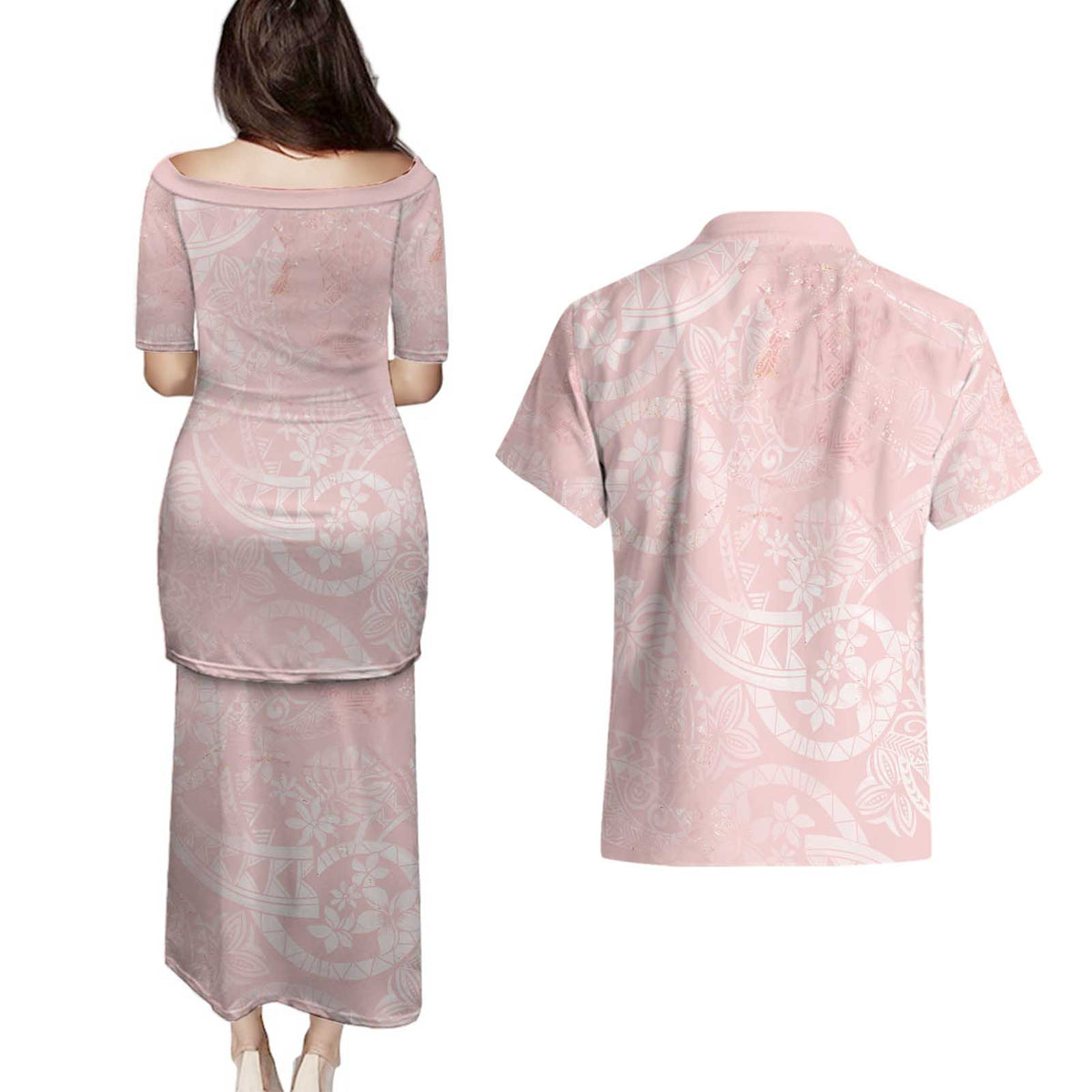 Polynesian Tiare Monstera Soft Pink Couples Matching Puletasi and Hawaiian Shirt Liquid Style LT01 - Polynesian Pride