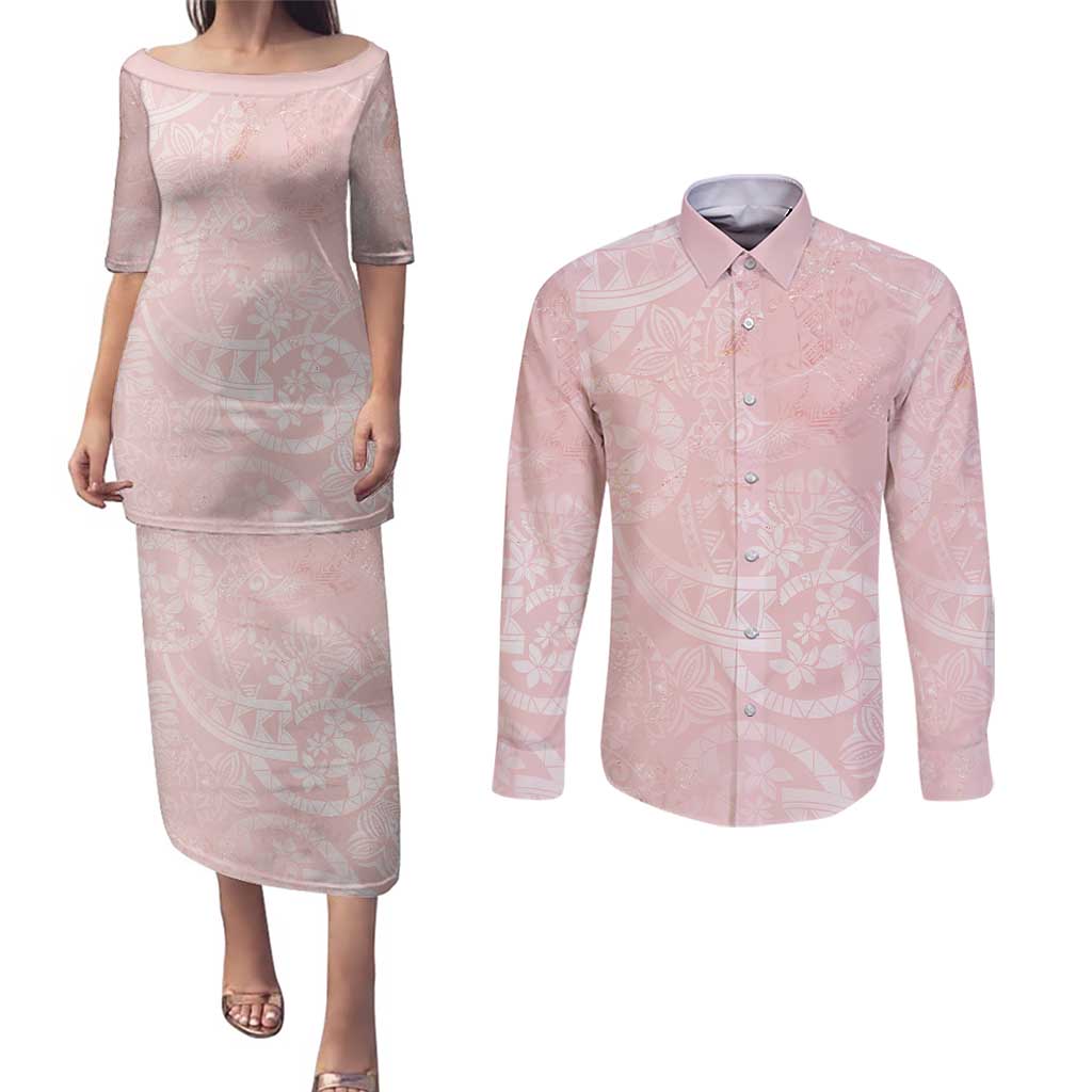 Polynesian Tiare Monstera Soft Pink Couples Matching Puletasi and Long Sleeve Button Shirt Liquid Style LT01 Pink - Polynesian Pride