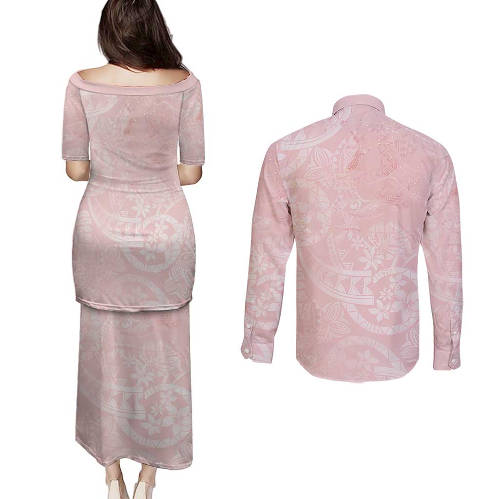 Polynesian Tiare Monstera Soft Pink Couples Matching Puletasi and Long Sleeve Button Shirt Liquid Style LT01 - Polynesian Pride
