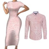 Polynesian Tiare Monstera Soft Pink Couples Matching Short Sleeve Bodycon Dress and Long Sleeve Button Shirt Liquid Style LT01 Pink - Polynesian Pride