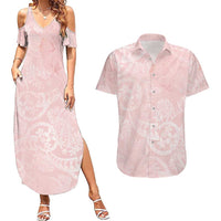 Polynesian Tiare Monstera Soft Pink Couples Matching Summer Maxi Dress and Hawaiian Shirt Liquid Style - Polynesian Pride