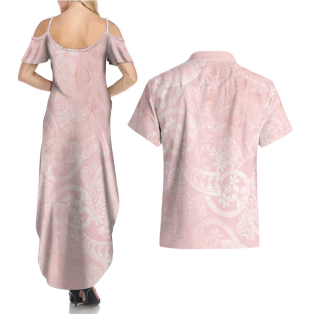 Polynesian Tiare Monstera Soft Pink Couples Matching Summer Maxi Dress and Hawaiian Shirt Liquid Style - Polynesian Pride