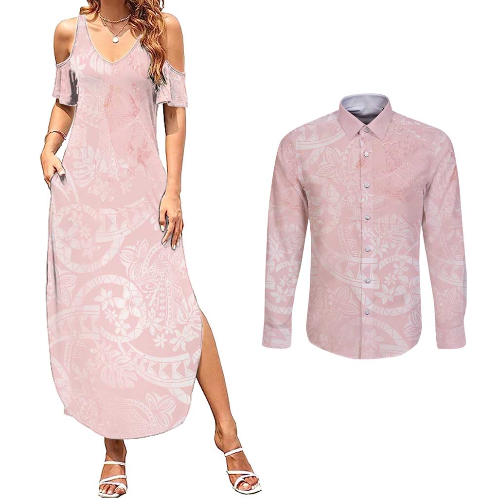 Polynesian Tiare Monstera Soft Pink Couples Matching Summer Maxi Dress and Long Sleeve Button Shirt Liquid Style LT01 Pink - Polynesian Pride