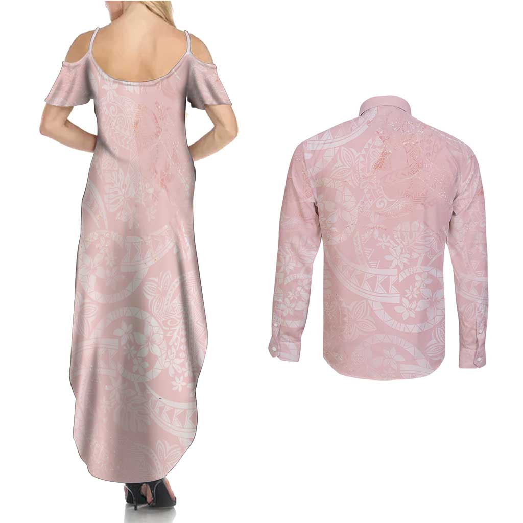 Polynesian Tiare Monstera Soft Pink Couples Matching Summer Maxi Dress and Long Sleeve Button Shirt Liquid Style LT01 - Polynesian Pride