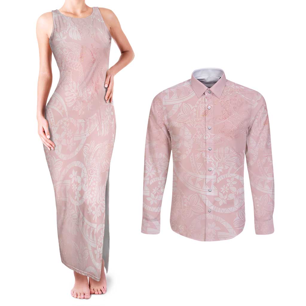 Polynesian Tiare Monstera Soft Pink Couples Matching Tank Maxi Dress and Long Sleeve Button Shirt Liquid Style LT01 Pink - Polynesian Pride
