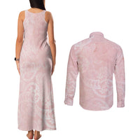 Polynesian Tiare Monstera Soft Pink Couples Matching Tank Maxi Dress and Long Sleeve Button Shirt Liquid Style LT01 - Polynesian Pride
