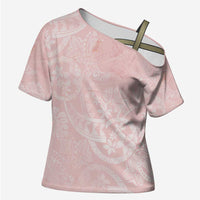 Polynesian Tiare Monstera Soft Pink Cross Shoulder Shirt Liquid Style LT01 Female Pink - Polynesian Pride