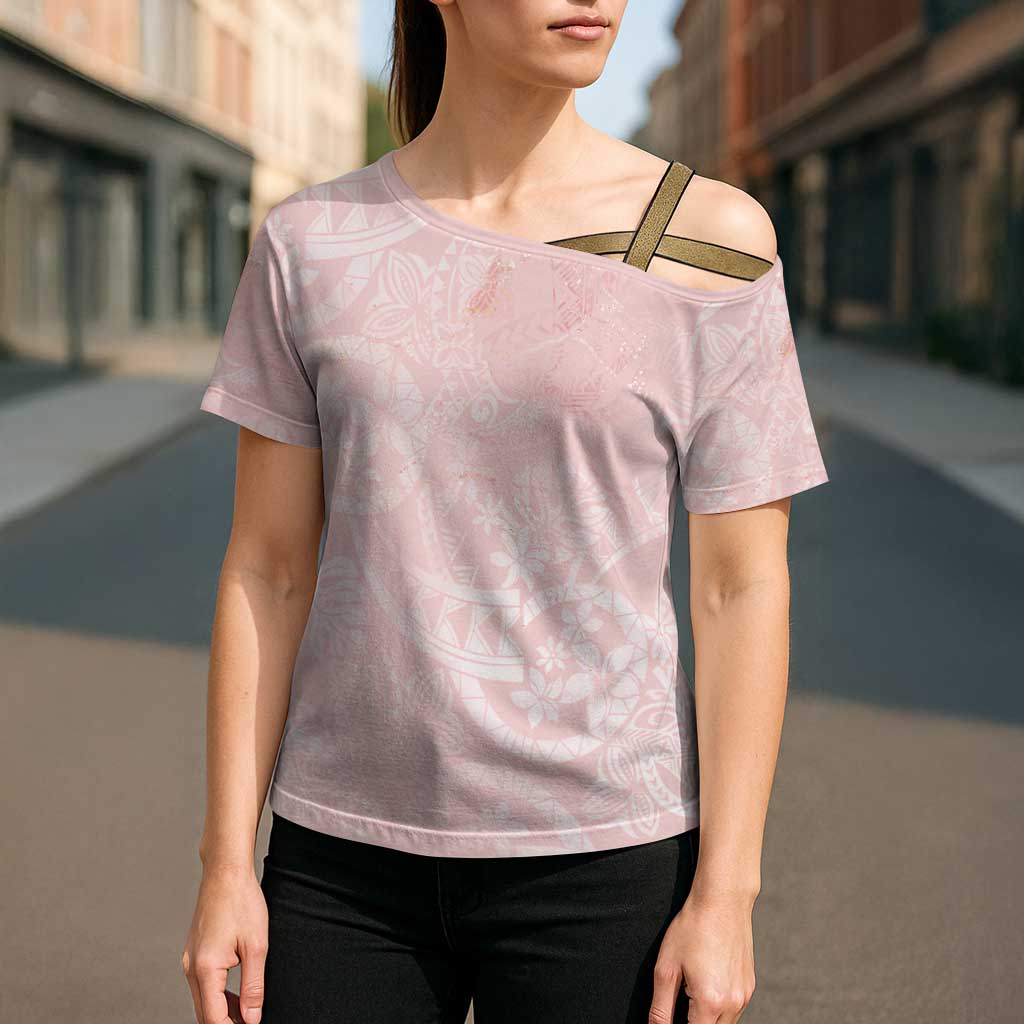 Polynesian Tiare Monstera Soft Pink Cross Shoulder Shirt Liquid Style LT01 - Polynesian Pride