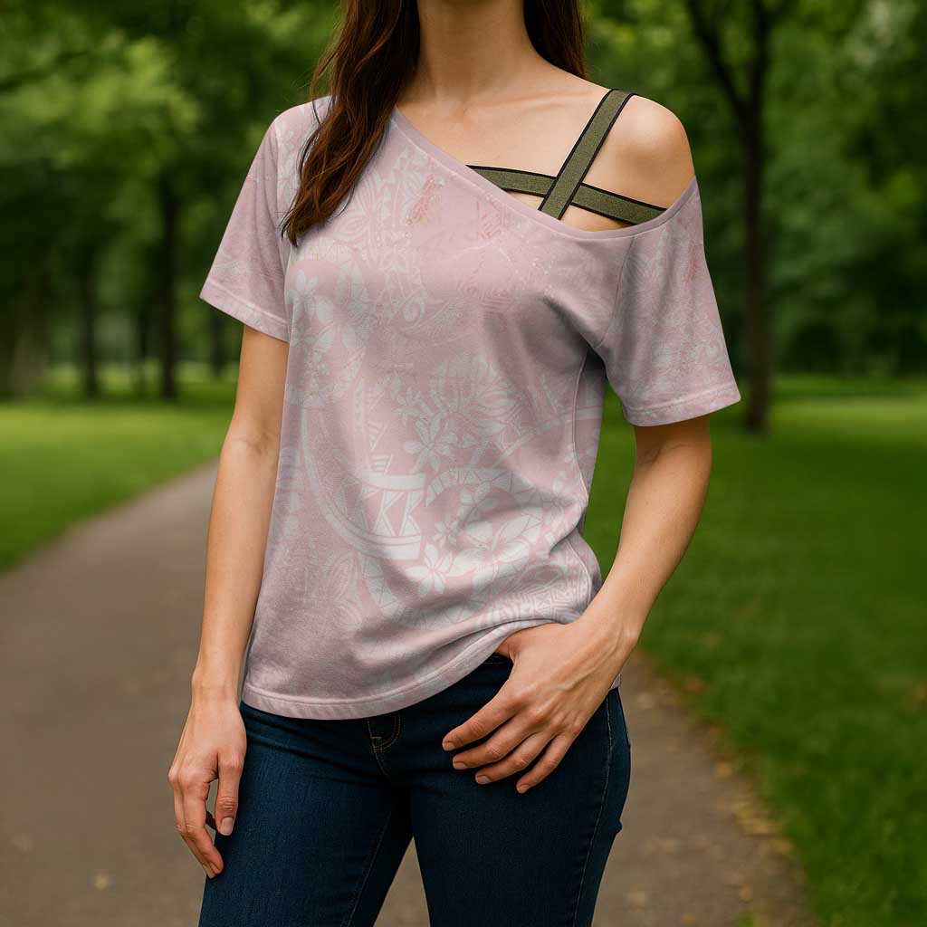 Polynesian Tiare Monstera Soft Pink Cross Shoulder Shirt Liquid Style LT01 - Polynesian Pride