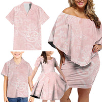 Polynesian Tiare Monstera Soft Pink Family Matching Off Shoulder Short Dress and Hawaiian Shirt Liquid Style - Polynesian Pride