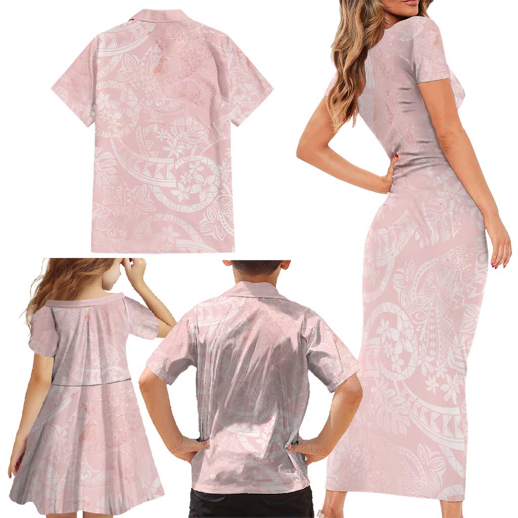 Polynesian Tiare Monstera Soft Pink Family Matching Short Sleeve Bodycon Dress and Hawaiian Shirt Liquid Style - Polynesian Pride