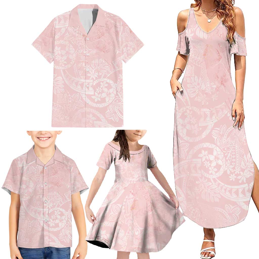 Polynesian Tiare Monstera Soft Pink Family Matching Summer Maxi Dress and Hawaiian Shirt Liquid Style - Polynesian Pride