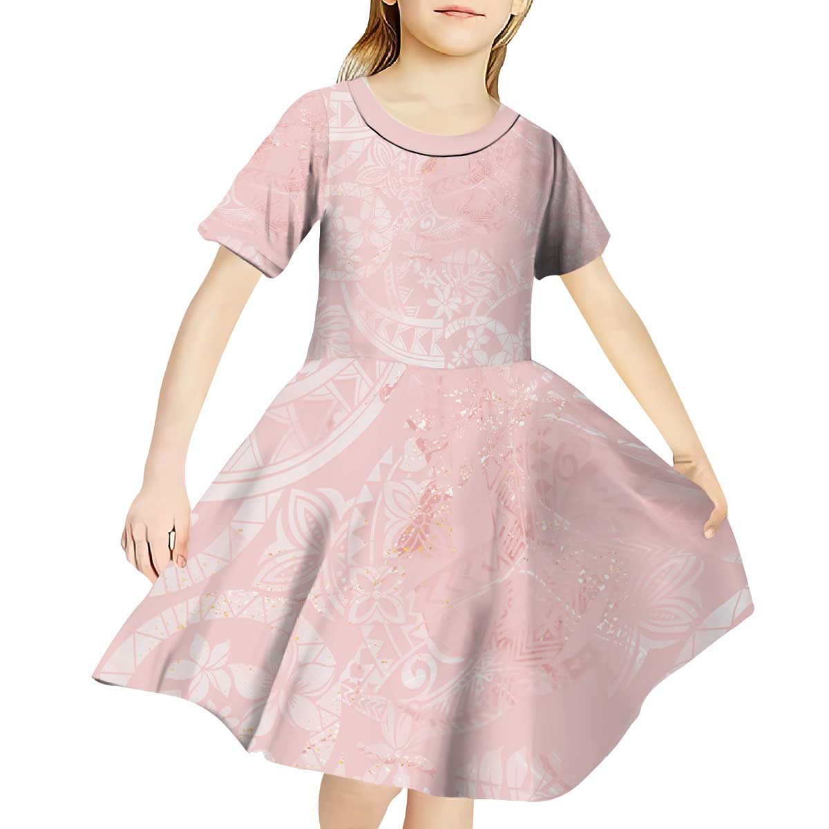 Polynesian Tiare Monstera Soft Pink Kid Short Sleeve Dress Liquid Style LT01 - Polynesian Pride