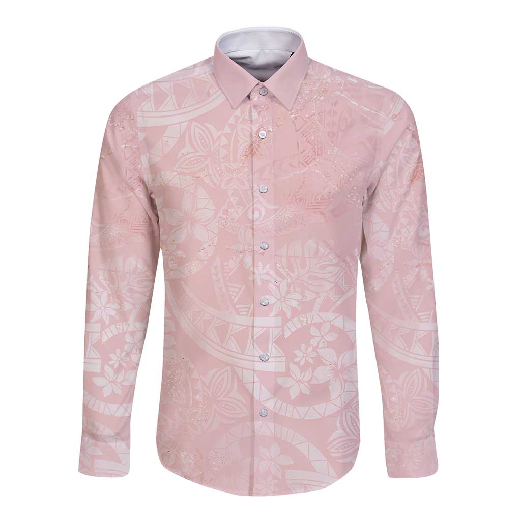 Polynesian Tiare Monstera Soft Pink Long Sleeve Button Shirt Liquid Style LT01 Unisex Pink - Polynesian Pride