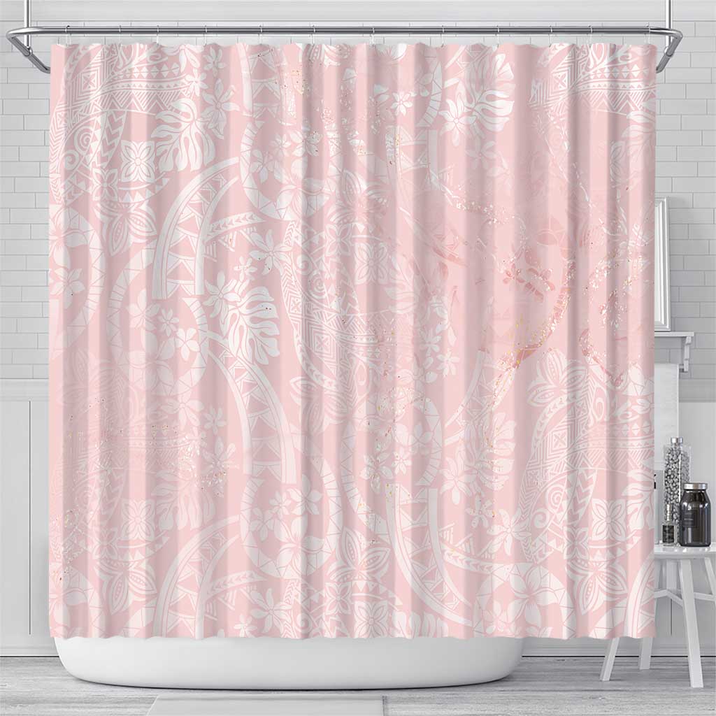 Polynesian Tiare Monstera Soft Pink Shower Curtain Liquid Style - Polynesian Pride