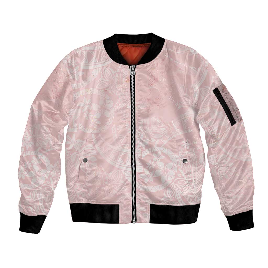 Polynesian Tiare Monstera Soft Pink Sleeve Zip Bomber Jacket Liquid Style - Polynesian Pride