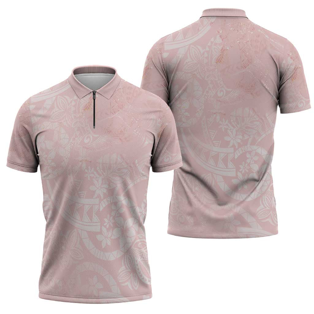 Polynesian Tiare Monstera Soft Pink Zipper Polo Shirt Liquid Style LT01 - Polynesian Pride