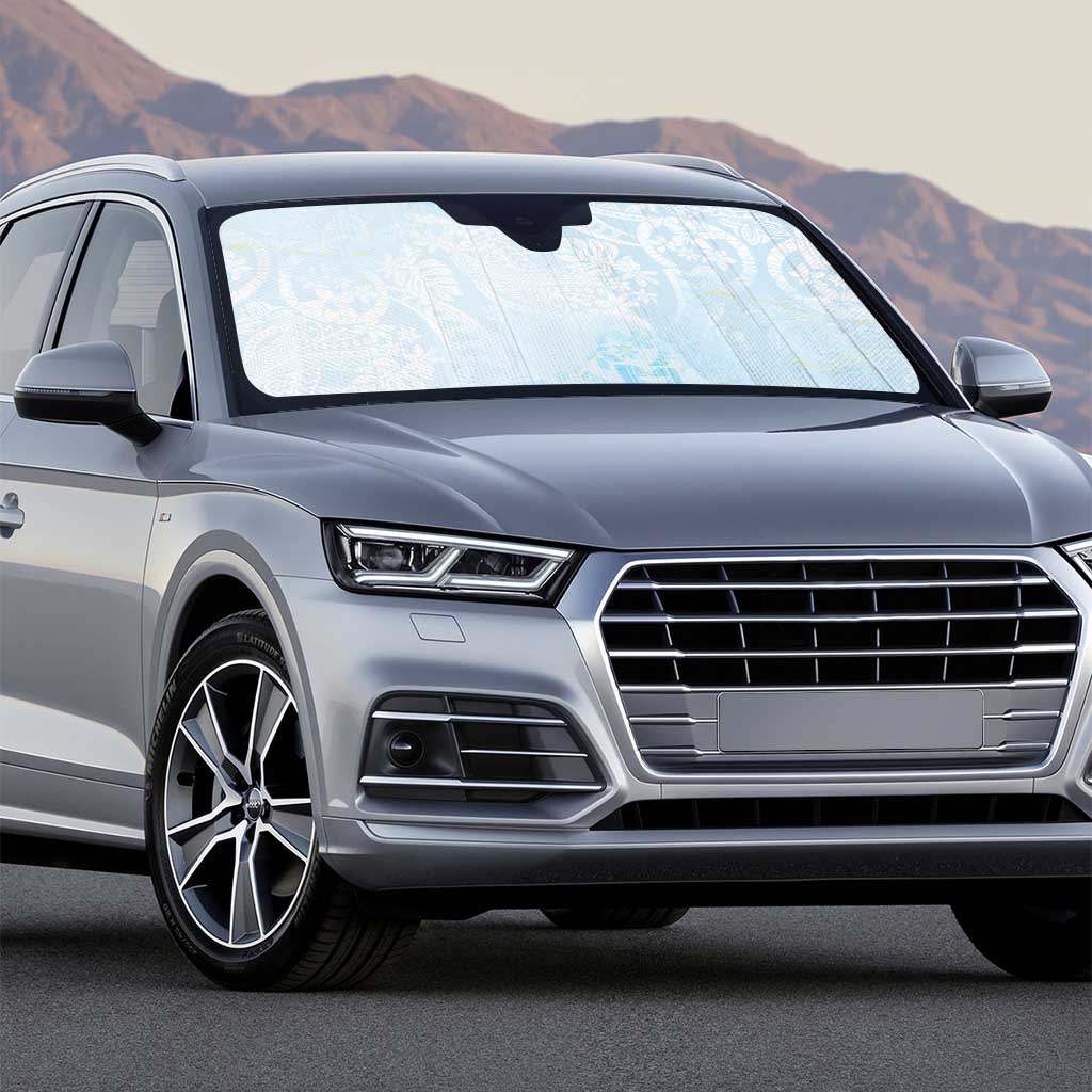 Polynesian Tiare Monstera Baby Blue Auto Sun Shade Liquid Style - Polynesian Pride