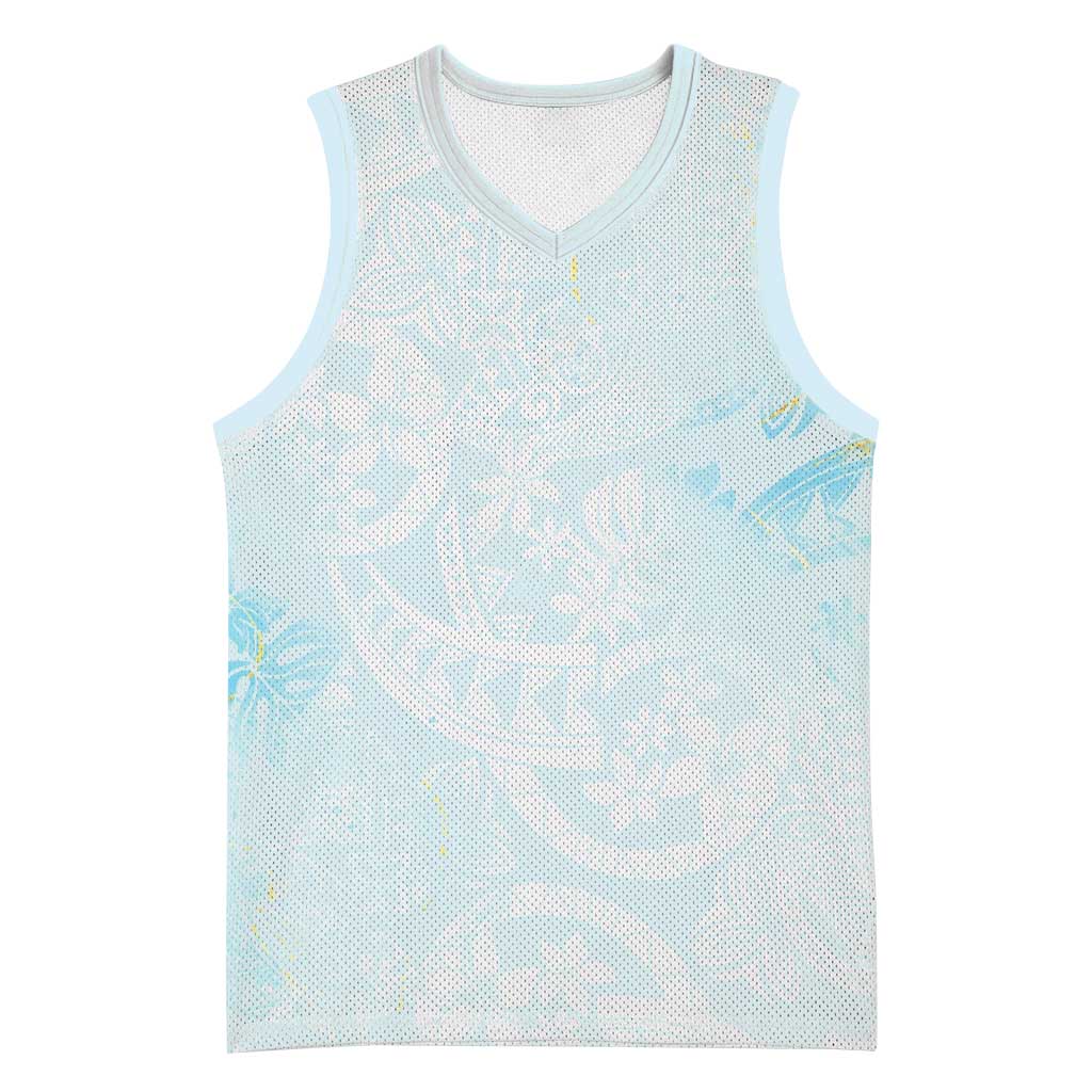 Polynesian Tiare Monstera Baby Blue Basketball Jersey Liquid Style LT01 Unisex Blue - Polynesian Pride