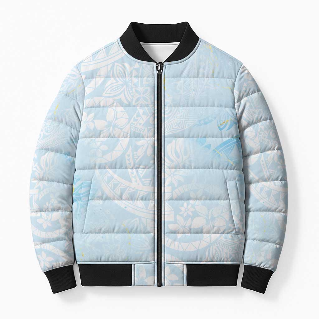 Polynesian Tiare Monstera Baby Blue Bomber Puffer Jacket Liquid Style LT01 Unisex Blue - Polynesian Pride