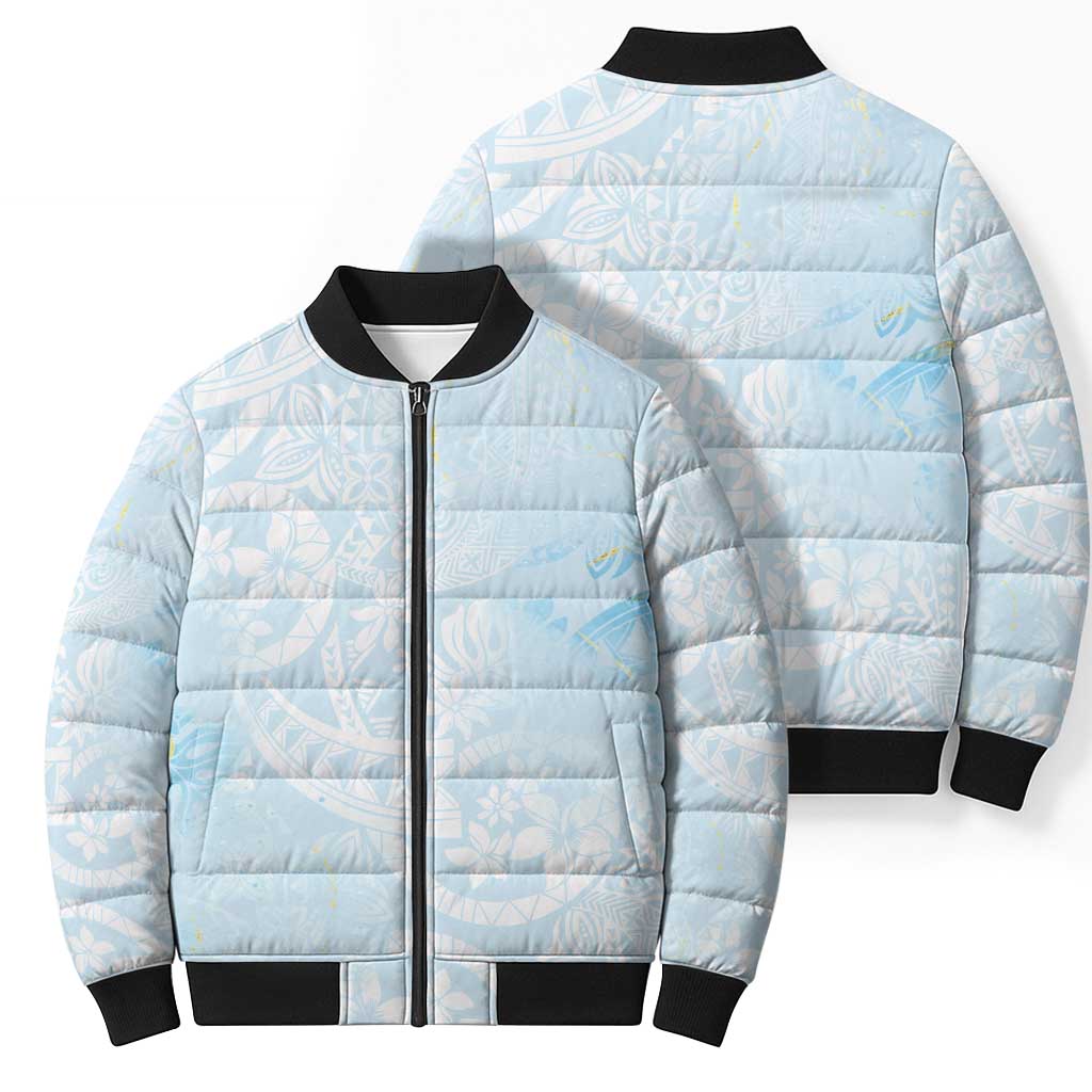 Polynesian Tiare Monstera Baby Blue Bomber Puffer Jacket Liquid Style LT01 - Polynesian Pride