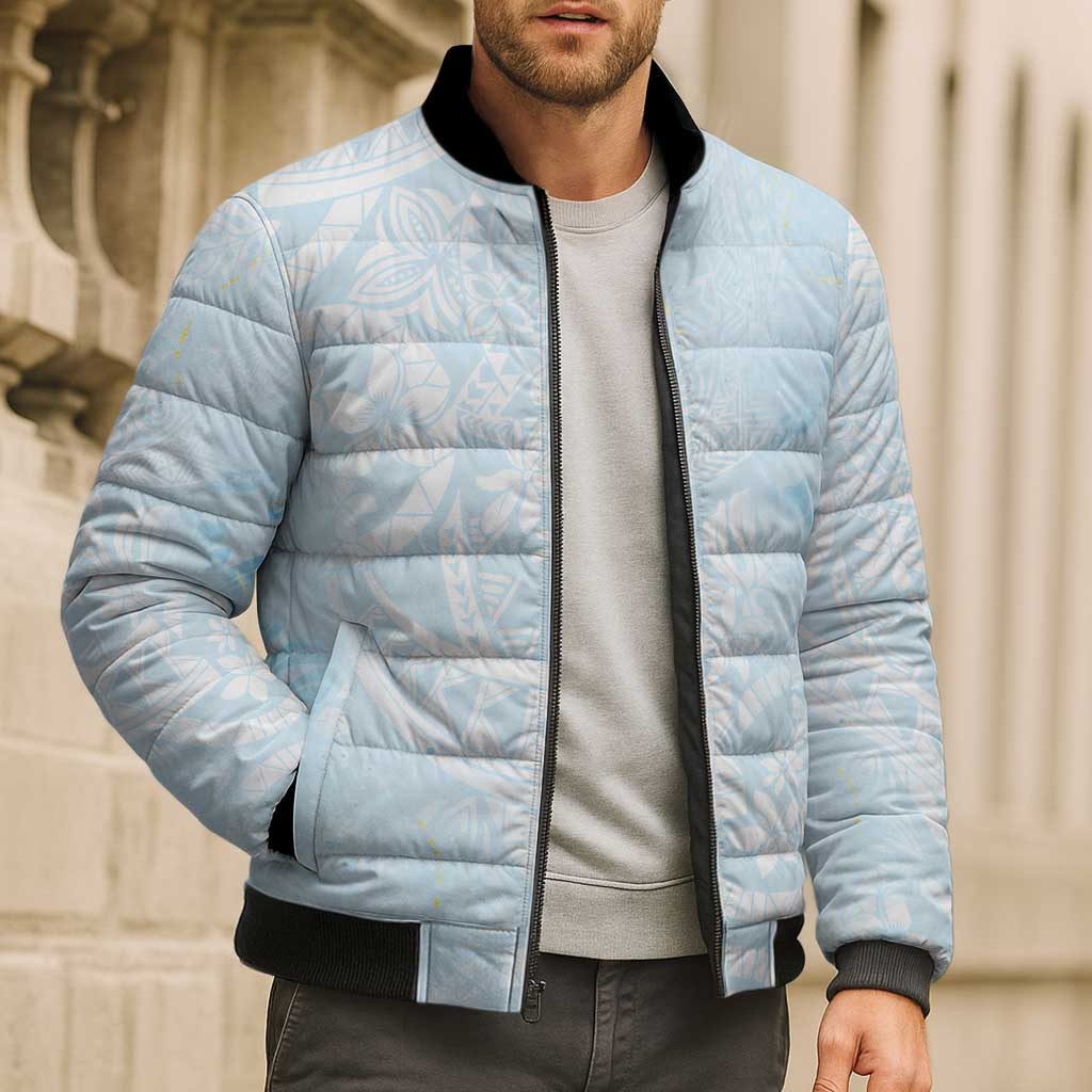 Polynesian Tiare Monstera Baby Blue Bomber Puffer Jacket Liquid Style LT01 - Polynesian Pride
