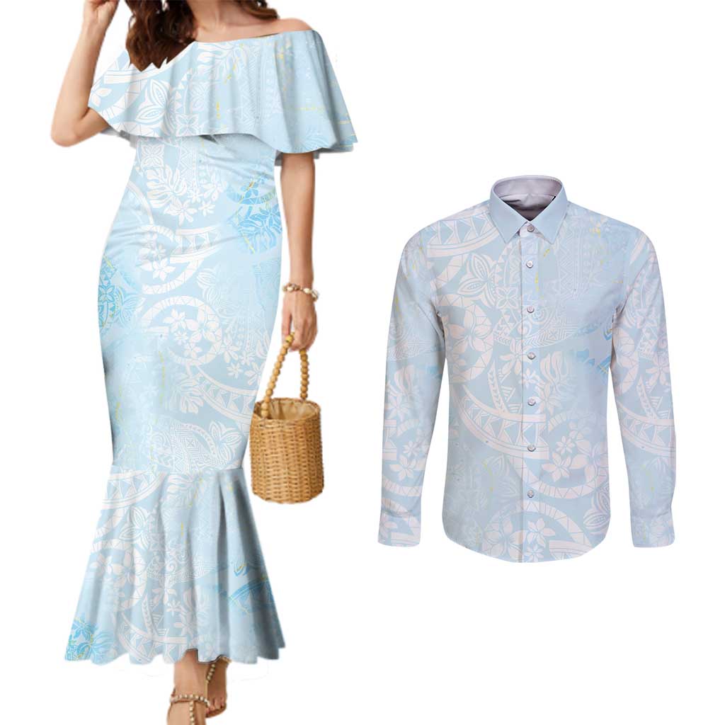 Polynesian Tiare Monstera Baby Blue Couples Matching Mermaid Dress and Long Sleeve Button Shirt Liquid Style LT01 Blue - Polynesian Pride