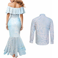Polynesian Tiare Monstera Baby Blue Couples Matching Mermaid Dress and Long Sleeve Button Shirt Liquid Style LT01 - Polynesian Pride