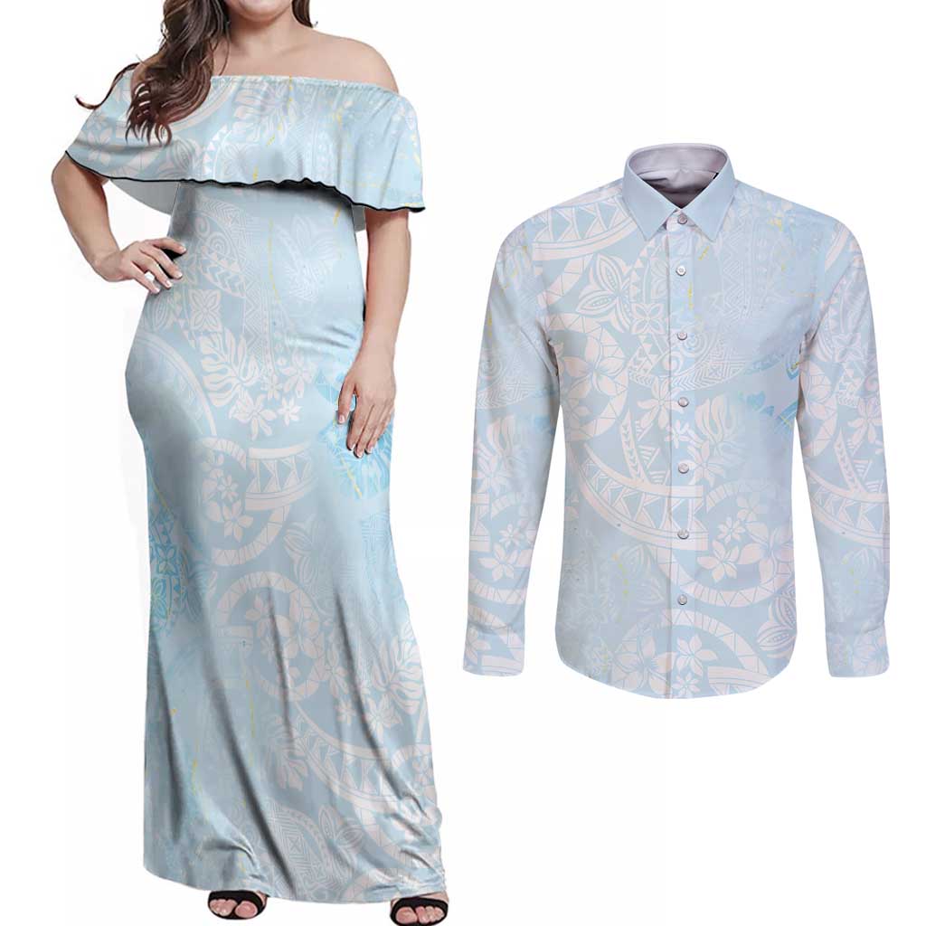 Polynesian Tiare Monstera Baby Blue Couples Matching Off Shoulder Maxi Dress and Long Sleeve Button Shirt Liquid Style LT01 Blue - Polynesian Pride