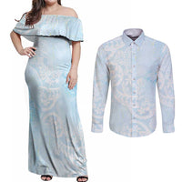 Polynesian Tiare Monstera Baby Blue Couples Matching Off Shoulder Maxi Dress and Long Sleeve Button Shirt Liquid Style LT01 Blue - Polynesian Pride