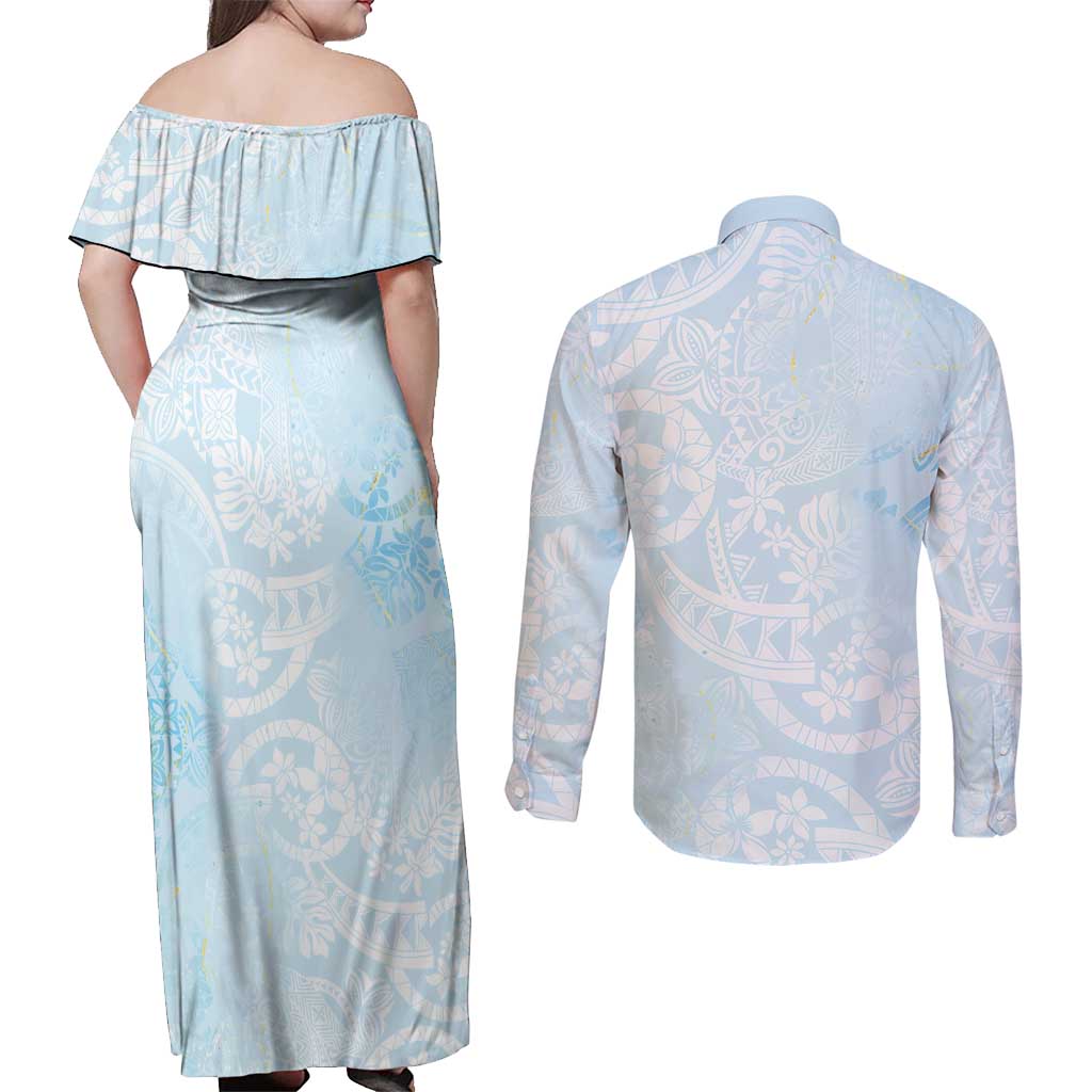 Polynesian Tiare Monstera Baby Blue Couples Matching Off Shoulder Maxi Dress and Long Sleeve Button Shirt Liquid Style LT01 - Polynesian Pride