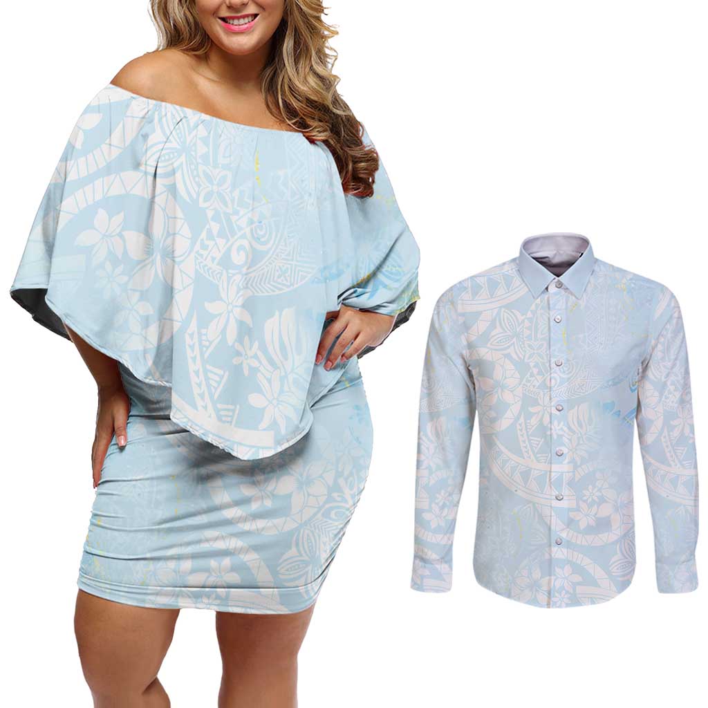 Polynesian Tiare Monstera Baby Blue Couples Matching Off Shoulder Short Dress and Long Sleeve Button Shirt Liquid Style LT01 Blue - Polynesian Pride
