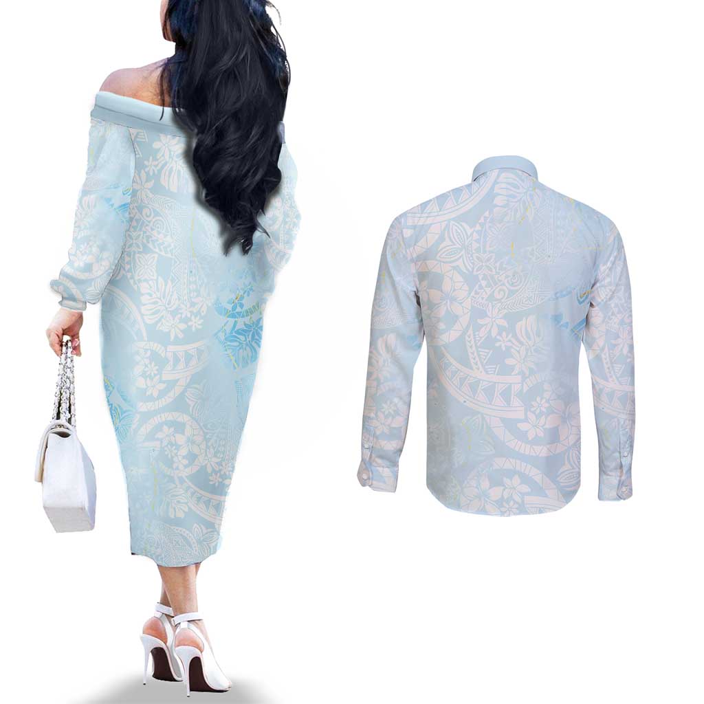 Polynesian Tiare Monstera Baby Blue Couples Matching Off The Shoulder Long Sleeve Dress and Long Sleeve Button Shirt Liquid Style LT01 - Polynesian Pride