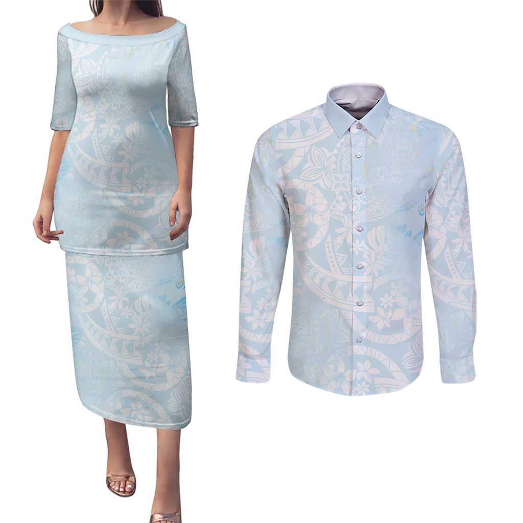 Polynesian Tiare Monstera Baby Blue Couples Matching Puletasi and Long Sleeve Button Shirt Liquid Style - Polynesian Pride