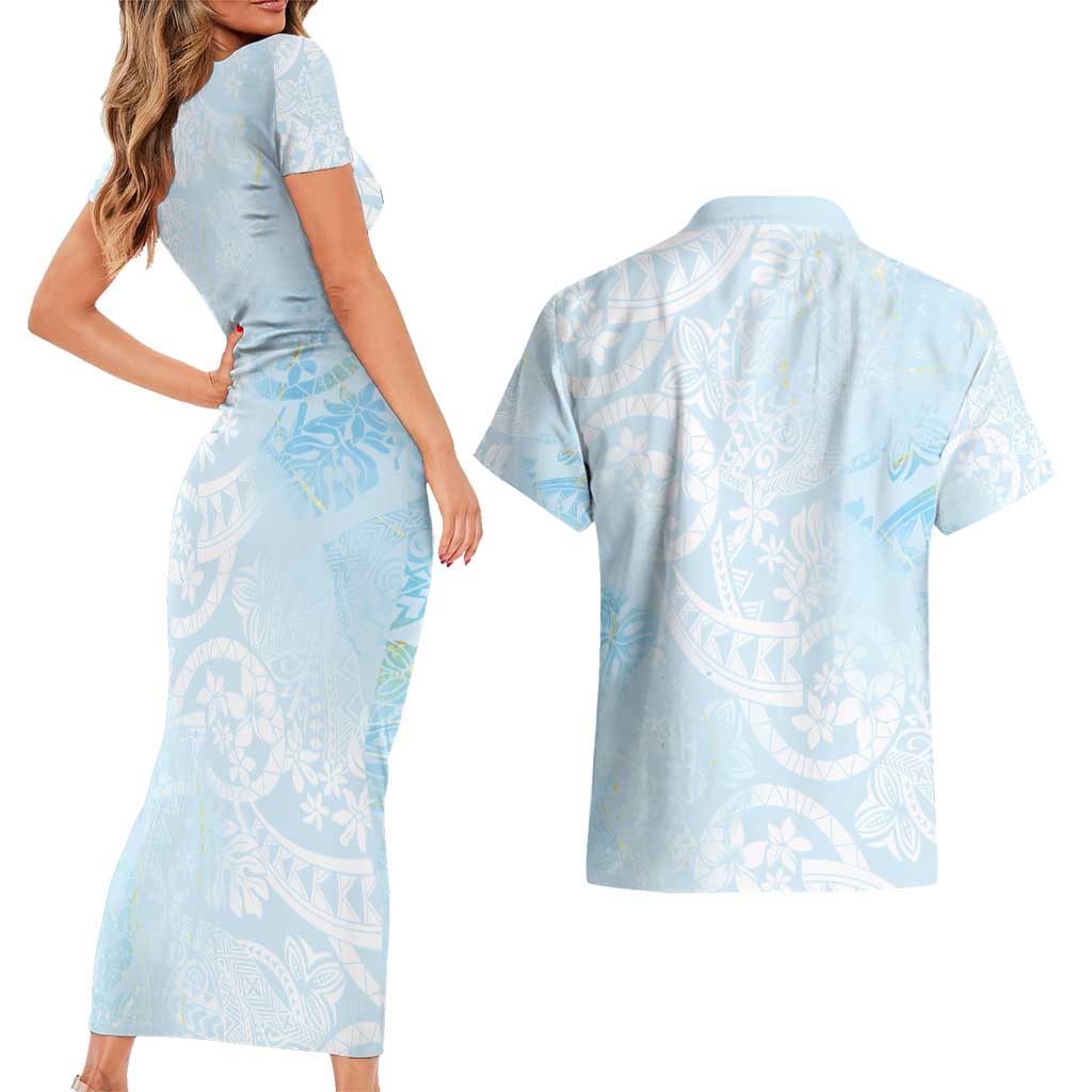 Polynesian Tiare Monstera Baby Blue Couples Matching Short Sleeve Bodycon Dress and Hawaiian Shirt Liquid Style - Polynesian Pride