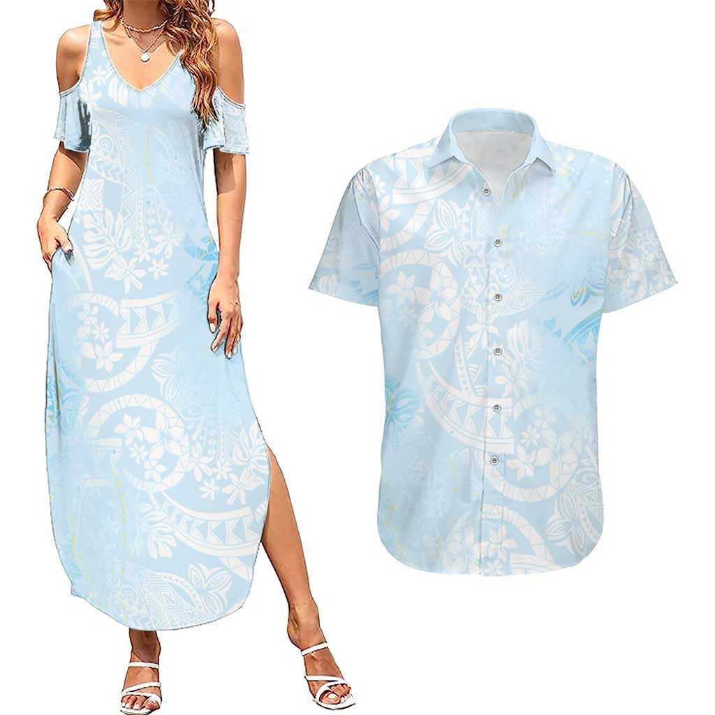 Polynesian Tiare Monstera Baby Blue Couples Matching Summer Maxi Dress and Hawaiian Shirt Liquid Style - Polynesian Pride
