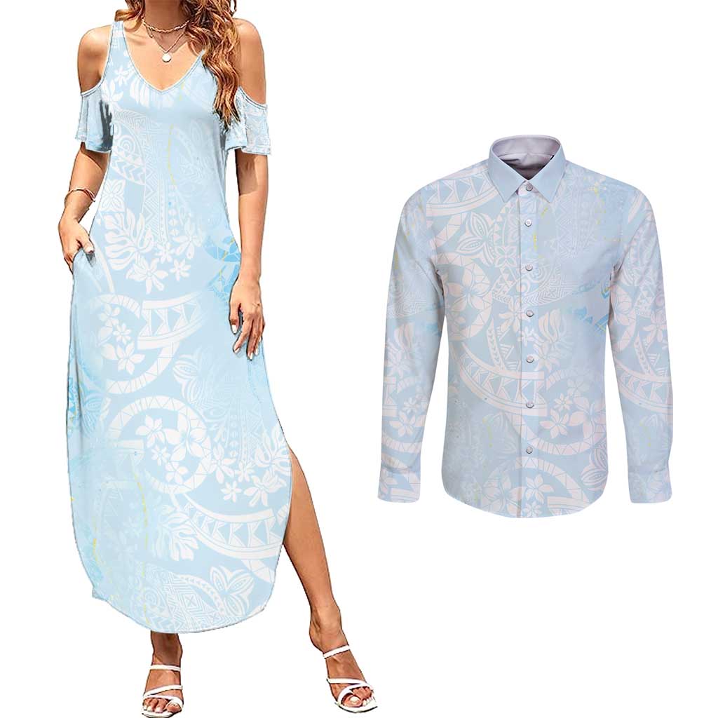 Polynesian Tiare Monstera Baby Blue Couples Matching Summer Maxi Dress and Long Sleeve Button Shirt Liquid Style LT01 Blue - Polynesian Pride