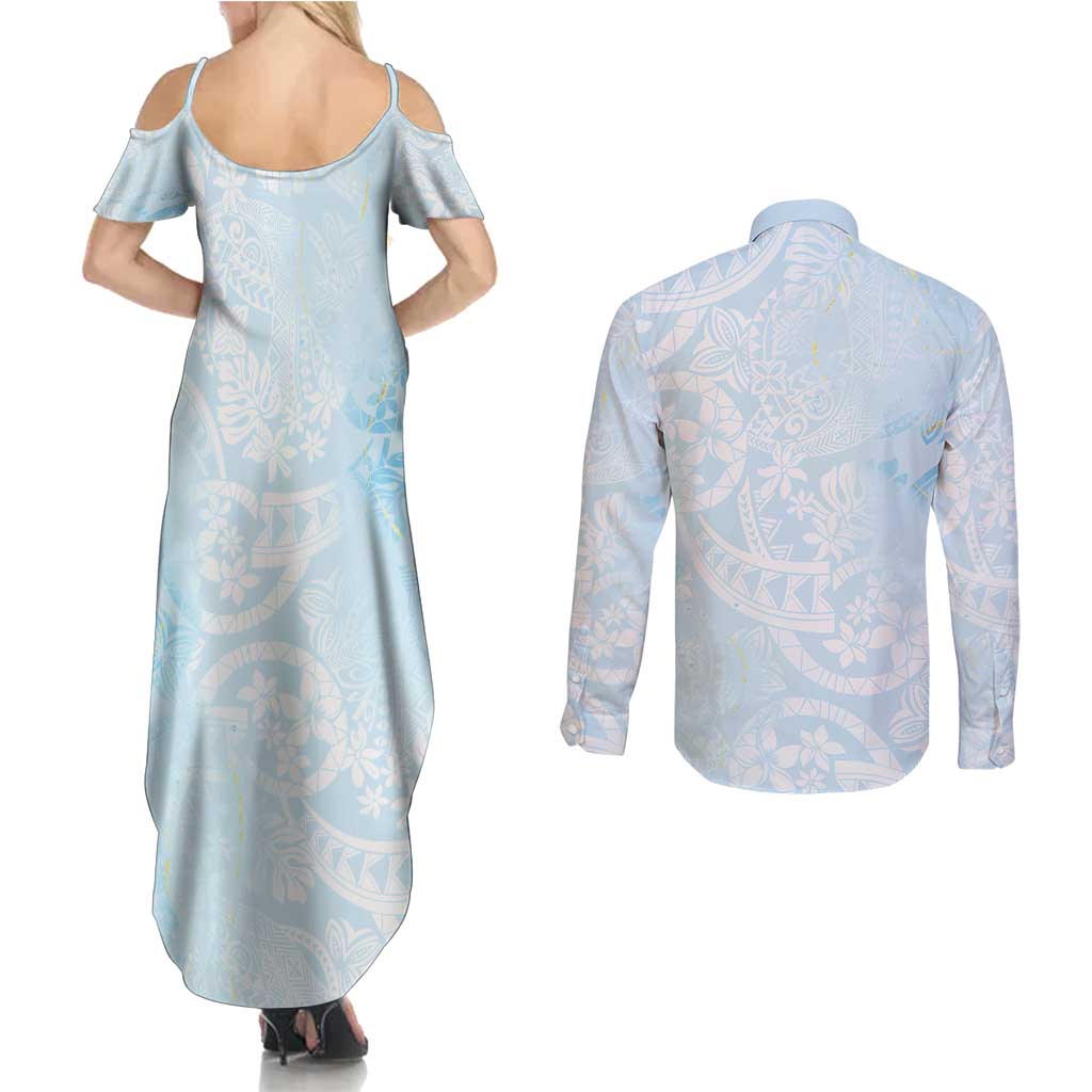 Polynesian Tiare Monstera Baby Blue Couples Matching Summer Maxi Dress and Long Sleeve Button Shirt Liquid Style LT01 - Polynesian Pride
