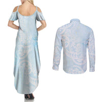 Polynesian Tiare Monstera Baby Blue Couples Matching Summer Maxi Dress and Long Sleeve Button Shirt Liquid Style LT01 - Polynesian Pride